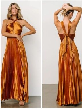 Baltic Born Metallic Copper Halter Pleated Maxi Dress